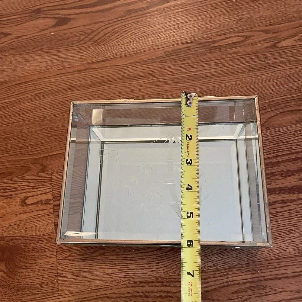 1980s Vintage Etched Bamboo Glass & Brass Jewelry Casket Box 8